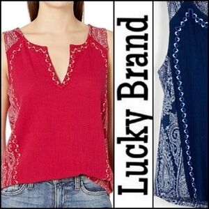 NEW! LUCKY BRAND navy embroidered boho sleeveless tank top.